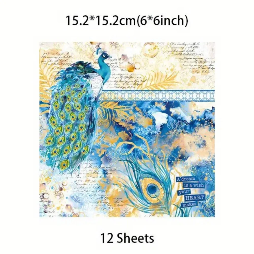 Peacock Retro Indigo Printed DIY Junk Journaling Loose Sheets (12 Sheets)
